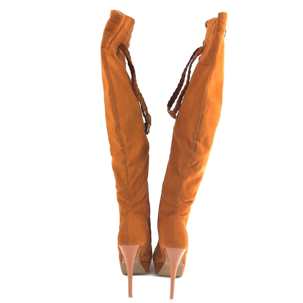 Shiekh Over The Knee Boots Women's Brown Peep Toe 5.5" High Heels Lace Up Sz‎ 7 - Picture 4 of 12